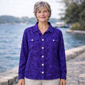 Chicos Womens Linen Silk Button Up Blouse Size Large Purple Scenic Travel Print